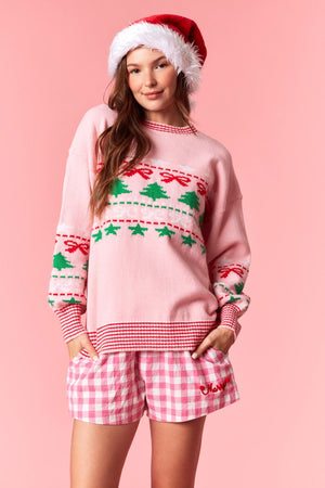 PEACH LOVE Women's Sweaters Christmas Tree & Bow Prints Multi Color Rib Sweater