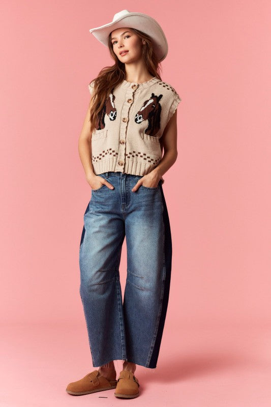 PEACH LOVE Women's Sweaters Horse And Horseshoe Detailed Knit Vest Cardigan