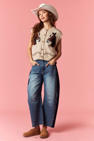 PEACH LOVE Women's Sweaters Horse And Horseshoe Detailed Knit Vest Cardigan