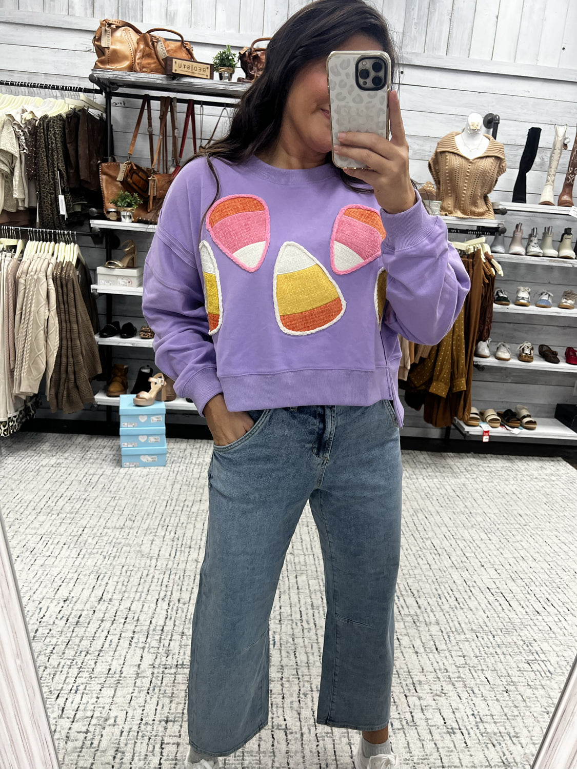 PEACH LOVE Women's Sweaters Long Sleeve Candy Corn Cropped Sweatshirt