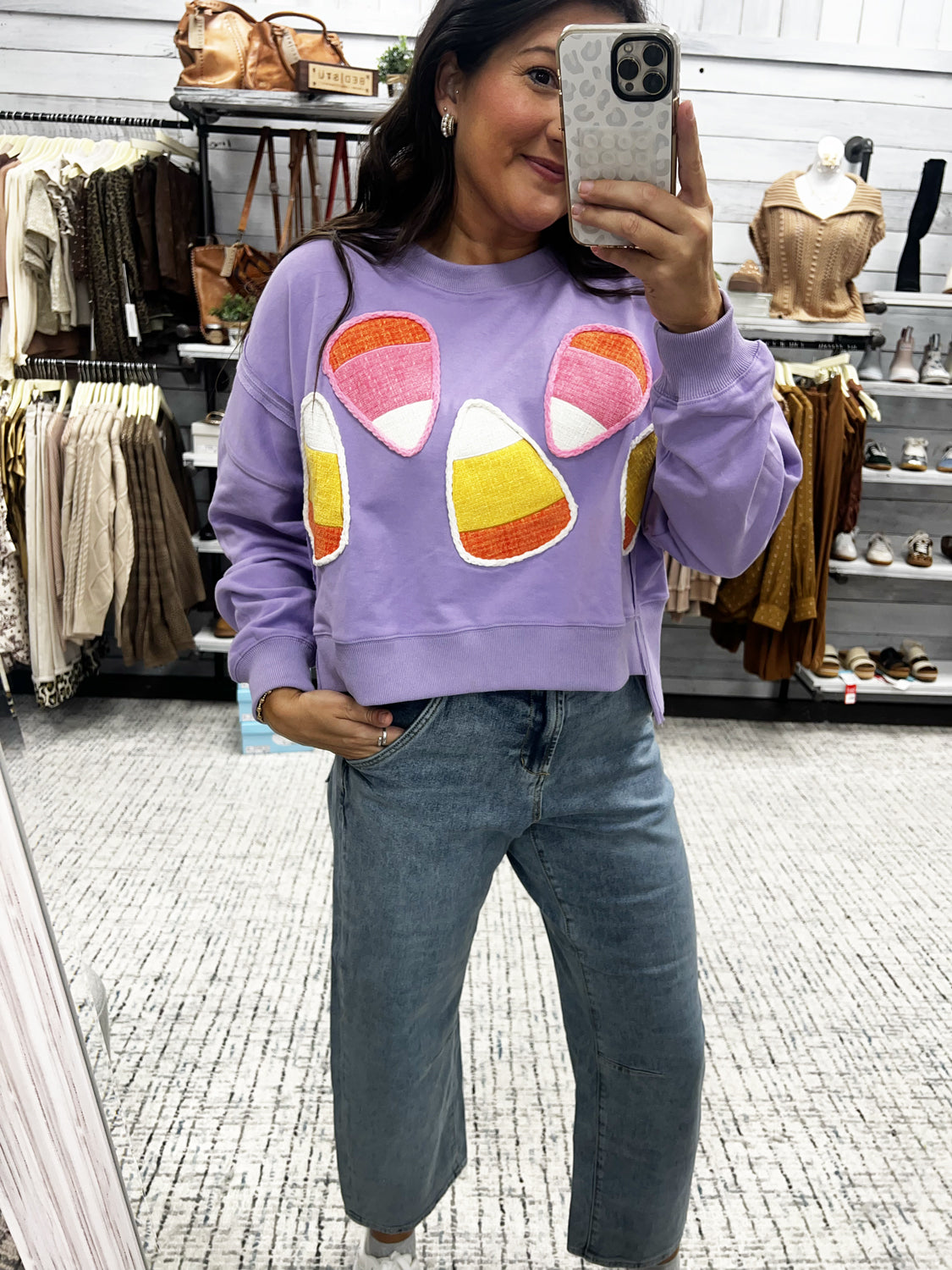 PEACH LOVE Women's Sweaters Long Sleeve Candy Corn Cropped Sweatshirt