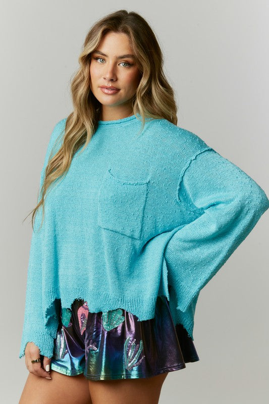 PEACH LOVE Women's Sweaters SKY BLUE / S Loose Fit Frilled Knit Sweatshirt || David's Clothing IKT86185-01