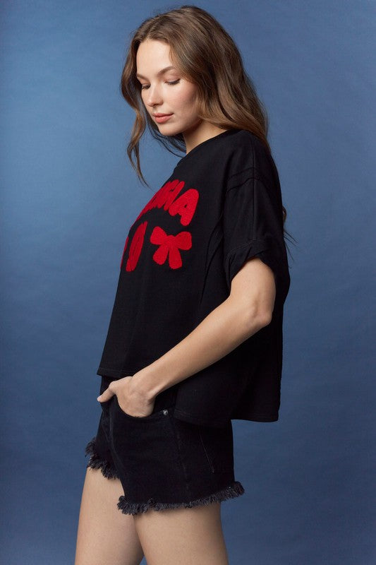 PEACH LOVE Women's Top 'Georgia' Heavy Crochet Embroidery Tee || David's Clothing