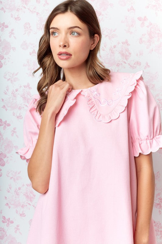 RARERAW Women's Dresses Bow Embroidered Collar Babydoll Dress