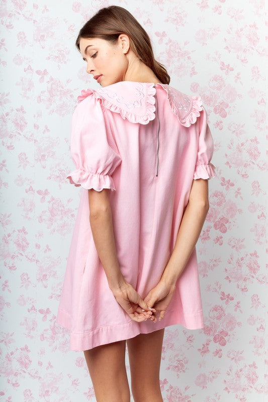 RARERAW Women's Dresses Bow Embroidered Collar Babydoll Dress