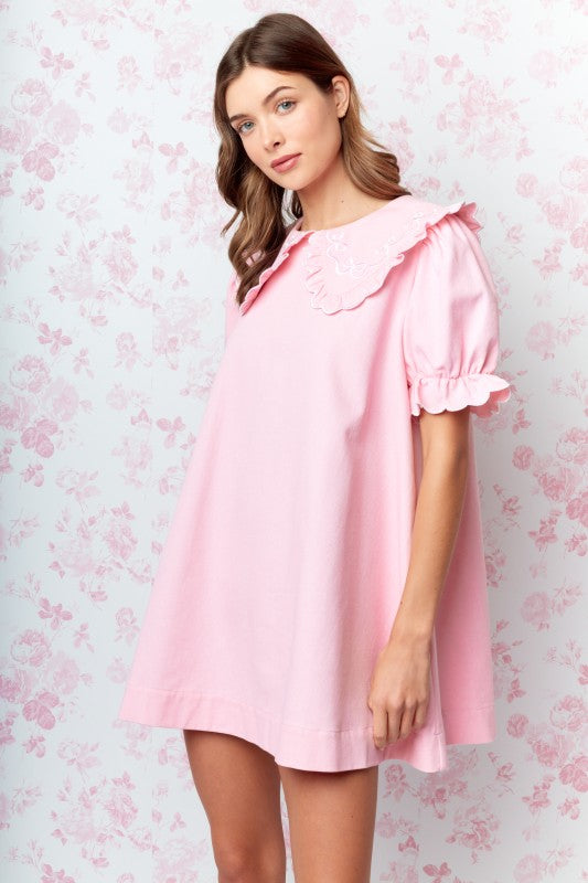 RARERAW Women's Dresses Bow Embroidered Collar Babydoll Dress