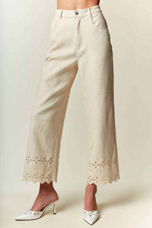 RARERAW Women's Pants Scallop Hem Eyelet Detail Wide-leg Pants