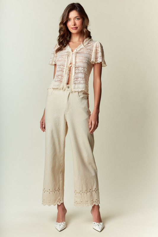 RARERAW Women's Pants Scallop Hem Eyelet Detail Wide-leg Pants