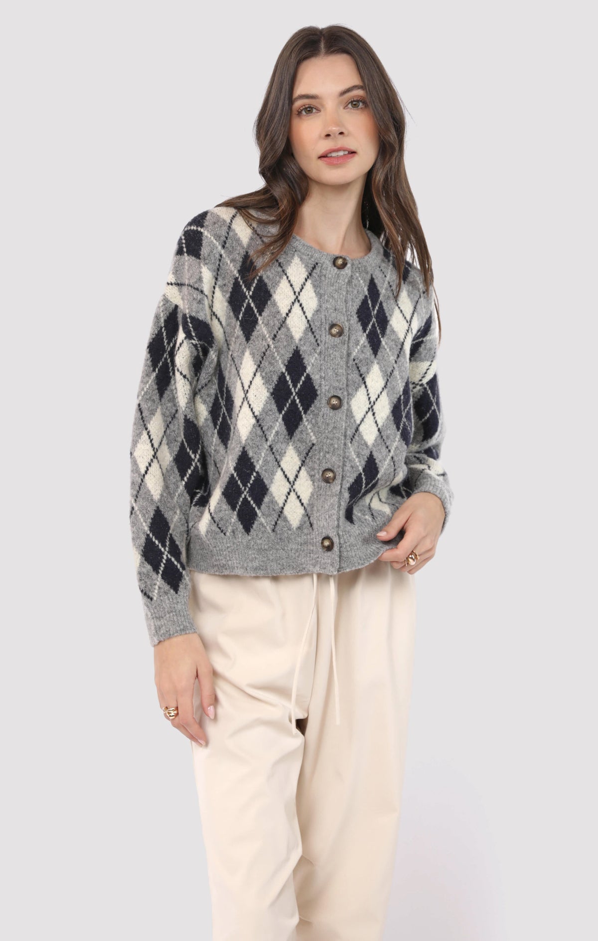SADIE AND SAGE Women's Sweaters Sadie and Sage Bec Argyle Sweater Cardigan || David's Clothing