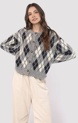 SADIE AND SAGE Women's Sweaters Sadie and Sage Bec Argyle Sweater Cardigan || David's Clothing
