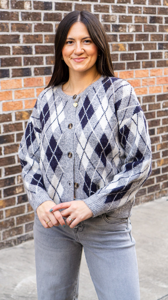 SADIE AND SAGE Women's Sweaters Sadie and Sage Bec Argyle Sweater Cardigan || David's Clothing