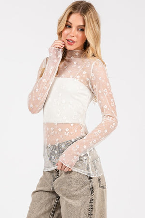 SEWN + SEEN Women's Top Floral Mesh Lace Top