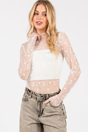 SEWN + SEEN Women's Top Floral Mesh Lace Top