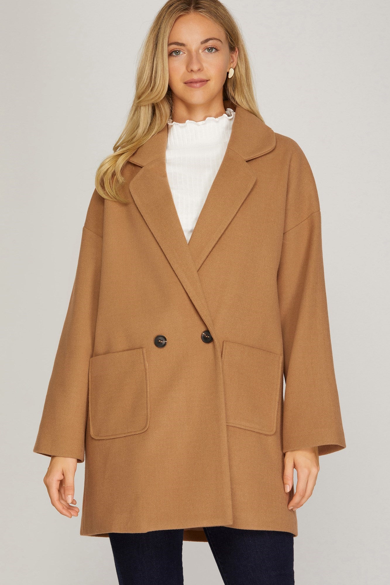SHE AND SKY Women Jackets CAMEL BR / S Oversized Double Button Half Length Coat || David's Clothing SY4606