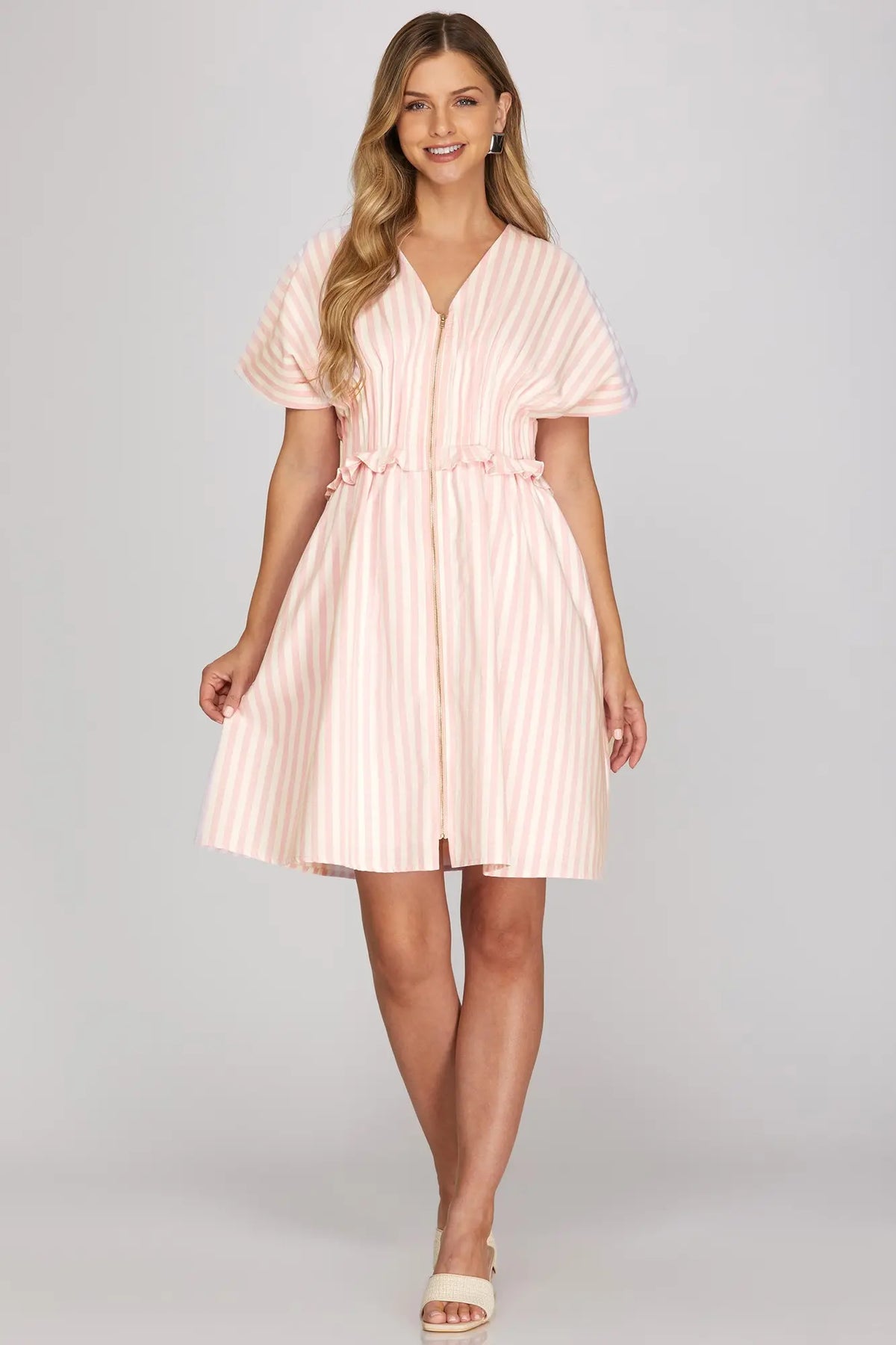 SHE AND SKY Women's Dresses Drop Shoulder Short Sleeve Stripe Woven Mini Dress