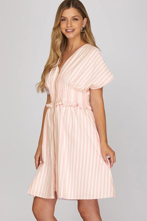 SHE AND SKY Women's Dresses Drop Shoulder Short Sleeve Stripe Woven Mini Dress