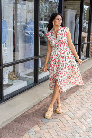 SHE AND SKY Women's Dresses Drop Shoulder Smocked Waist Front Zip Printed Midi Dress