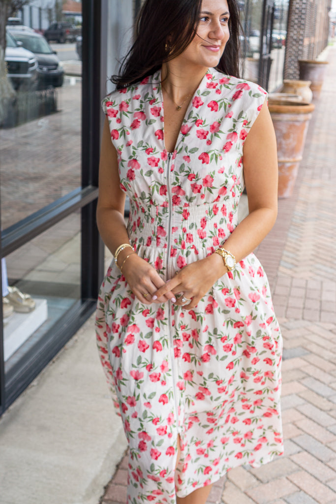 SHE AND SKY Women's Dresses Drop Shoulder Smocked Waist Front Zip Printed Midi Dress