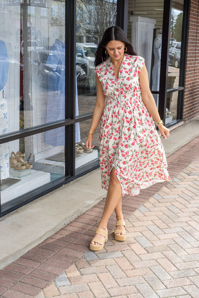 SHE AND SKY Women's Dresses Drop Shoulder Smocked Waist Front Zip Printed Midi Dress