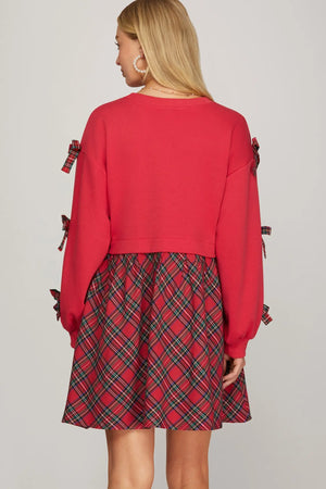 SHE AND SKY Women's Dresses Long Sleeve Knit And Woven Combo Contrast Checked Mini Dress