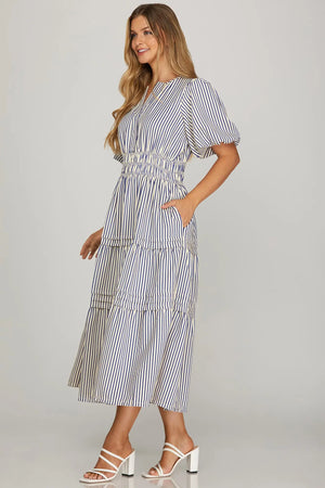 SHE AND SKY Women's Dresses Puff Sleeve Pintuck Tiered Stripe Woven Midi Dress || David's Clothing