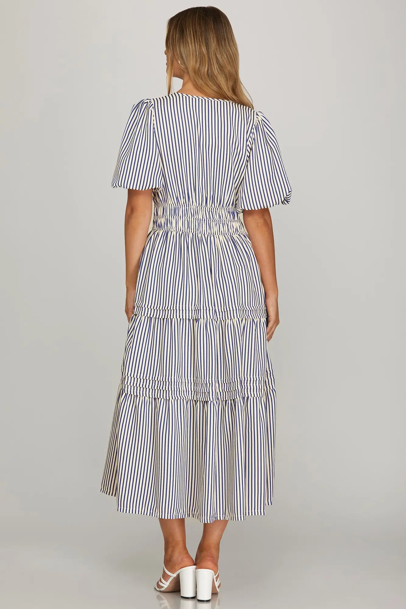 SHE AND SKY Women's Dresses Puff Sleeve Pintuck Tiered Stripe Woven Midi Dress || David's Clothing