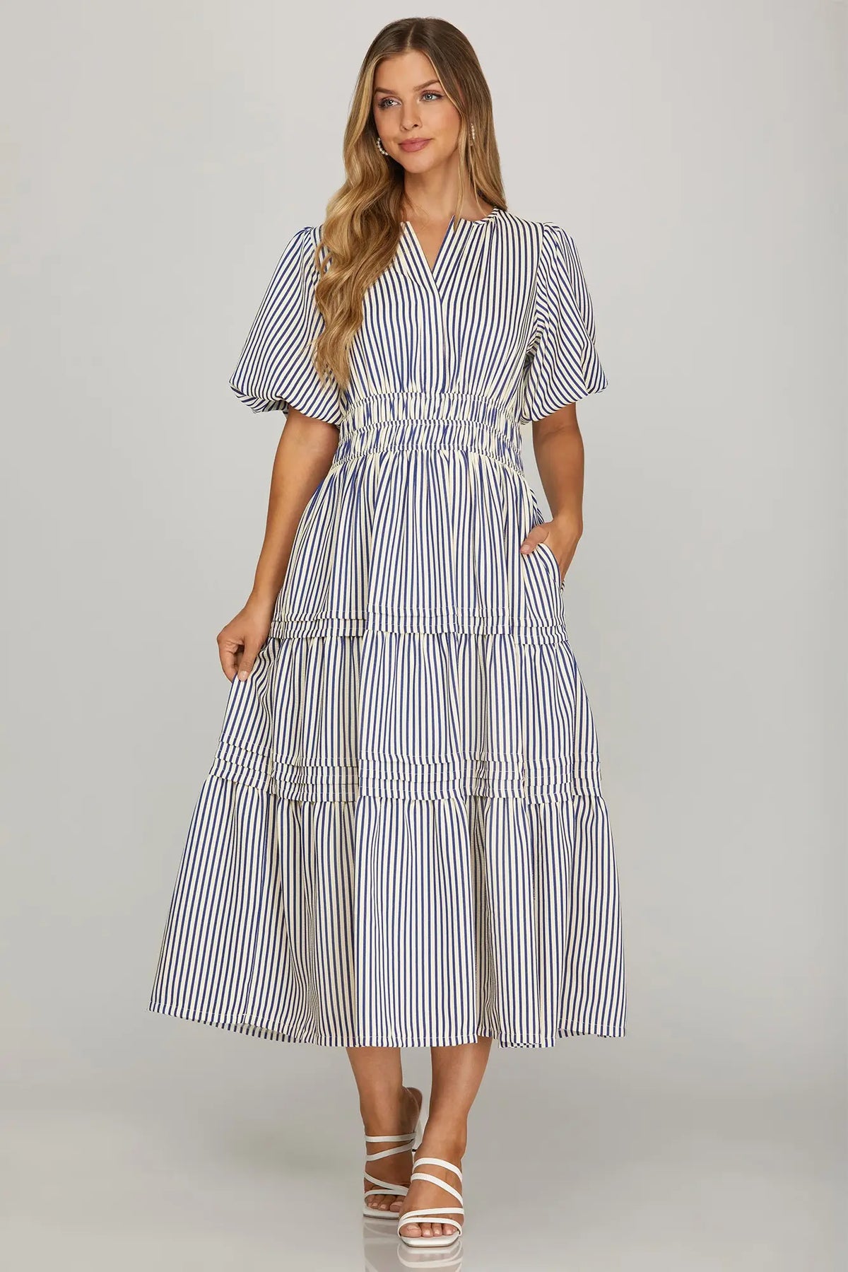 SHE AND SKY Women's Dresses Puff Sleeve Pintuck Tiered Stripe Woven Midi Dress || David's Clothing