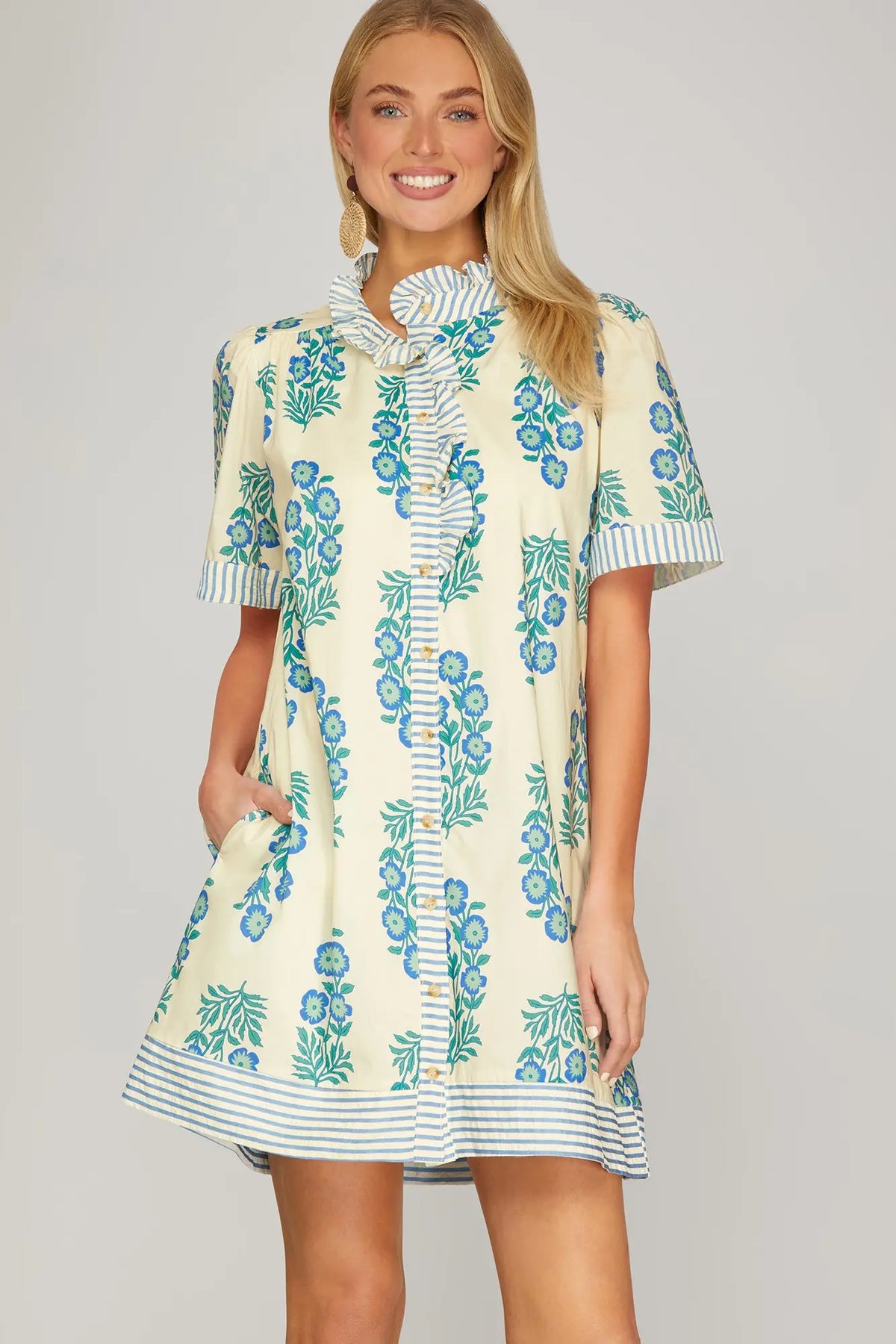 SHE AND SKY Women's Dresses Short Sleeve Ruffled Neck Button Down Printed Mini Dress with Pockets