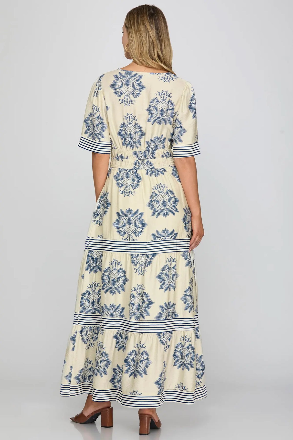 SHE AND SKY Women's Dresses Short Sleeve Tiered Maxi Dress With Contrast Detail And Pockets