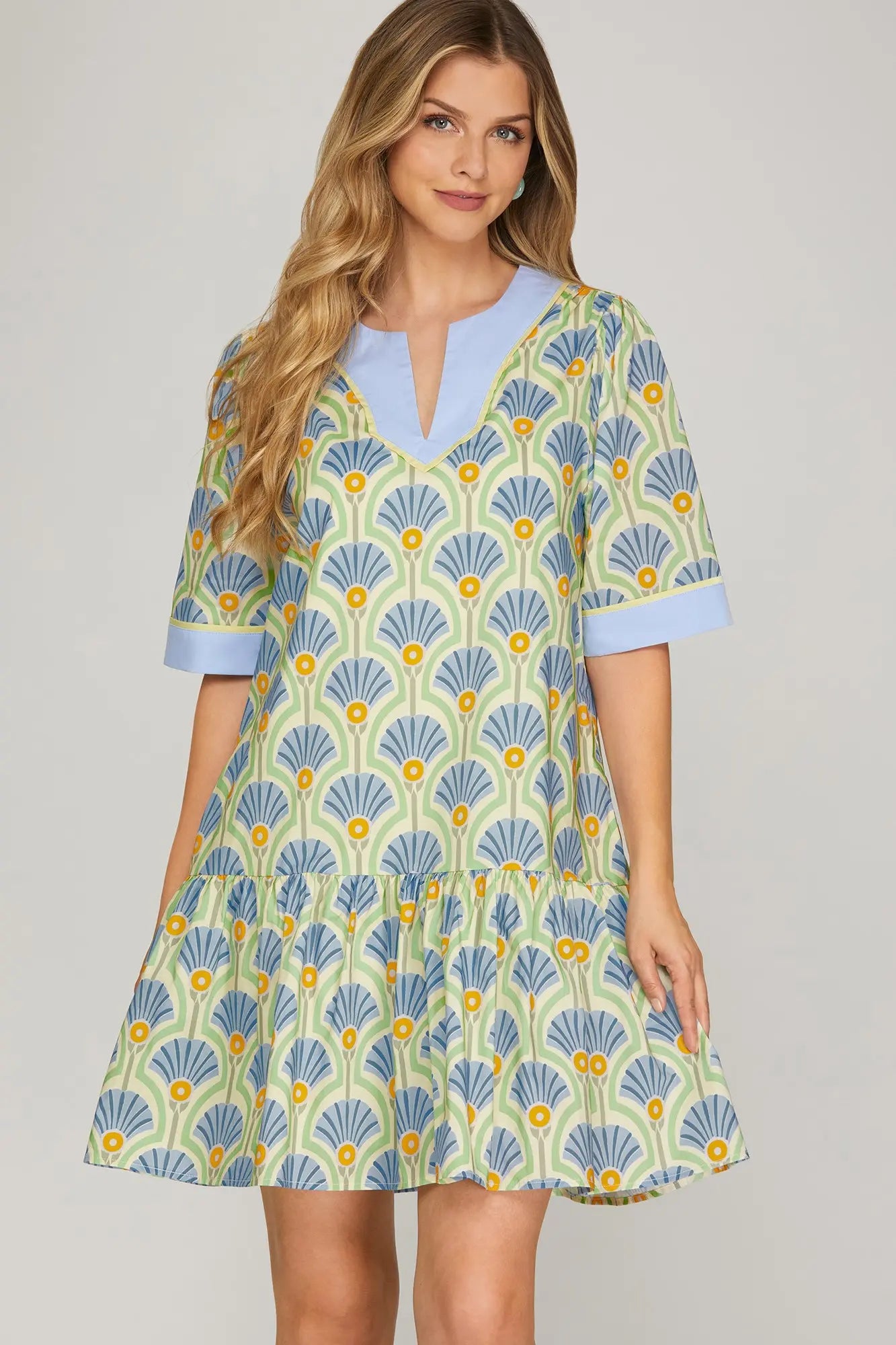 SHE AND SKY Women's Dresses Short Sleeve Woven Print Mini Dress