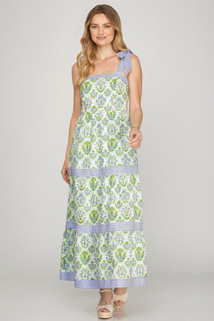 SHE AND SKY Women's Dresses Sleeveless Contrast Woven Print Tiered Maxi Dress