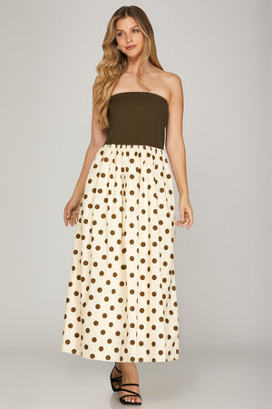 SHE AND SKY Women's Dresses Strapless Knit and Woven Combo Polka Dot Print Tube Midi Dress
