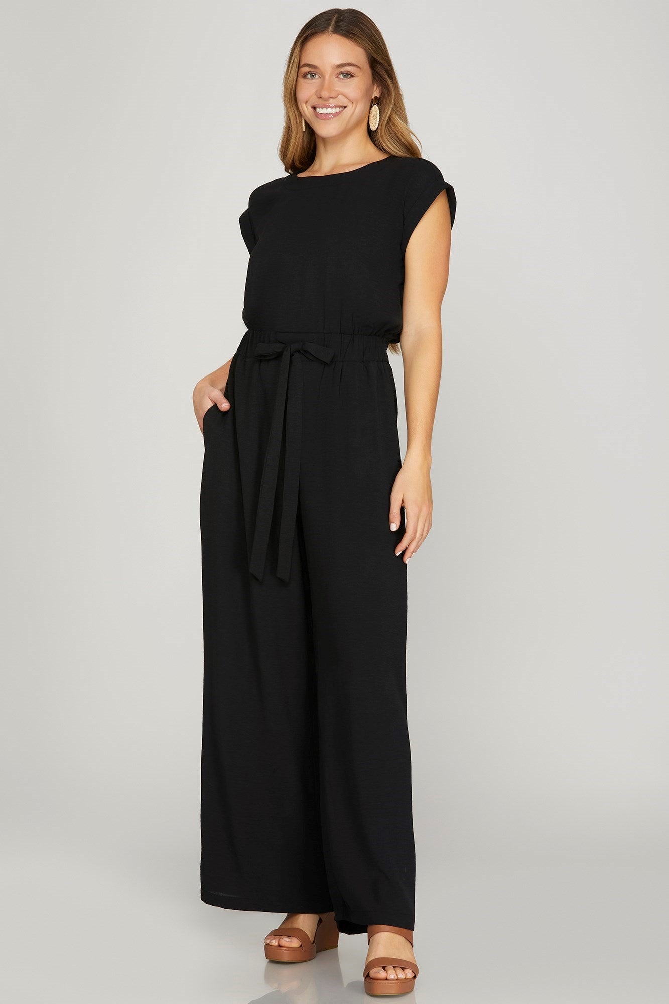 SHE AND SKY Women's Pants BLACK / S Sleeveless Elastic Waist Woven Jumpsuit SY9025