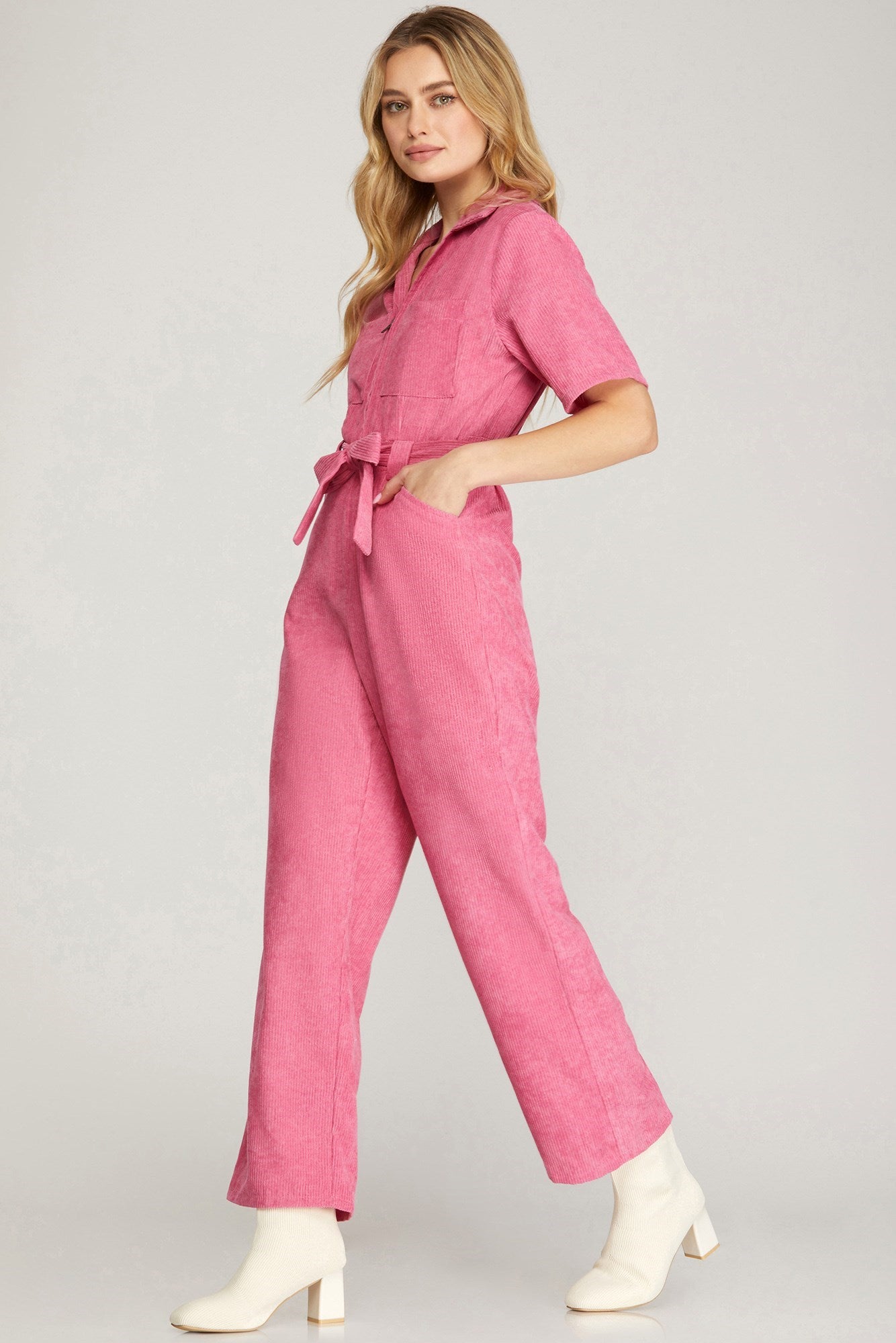 SHE AND SKY Women's Pants Half Sleeve Corduroy Belted Jumpsuit || David's Clothing