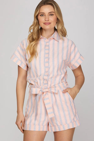 SHE AND SKY Women's Romper Drop Shoulder Striped Romper