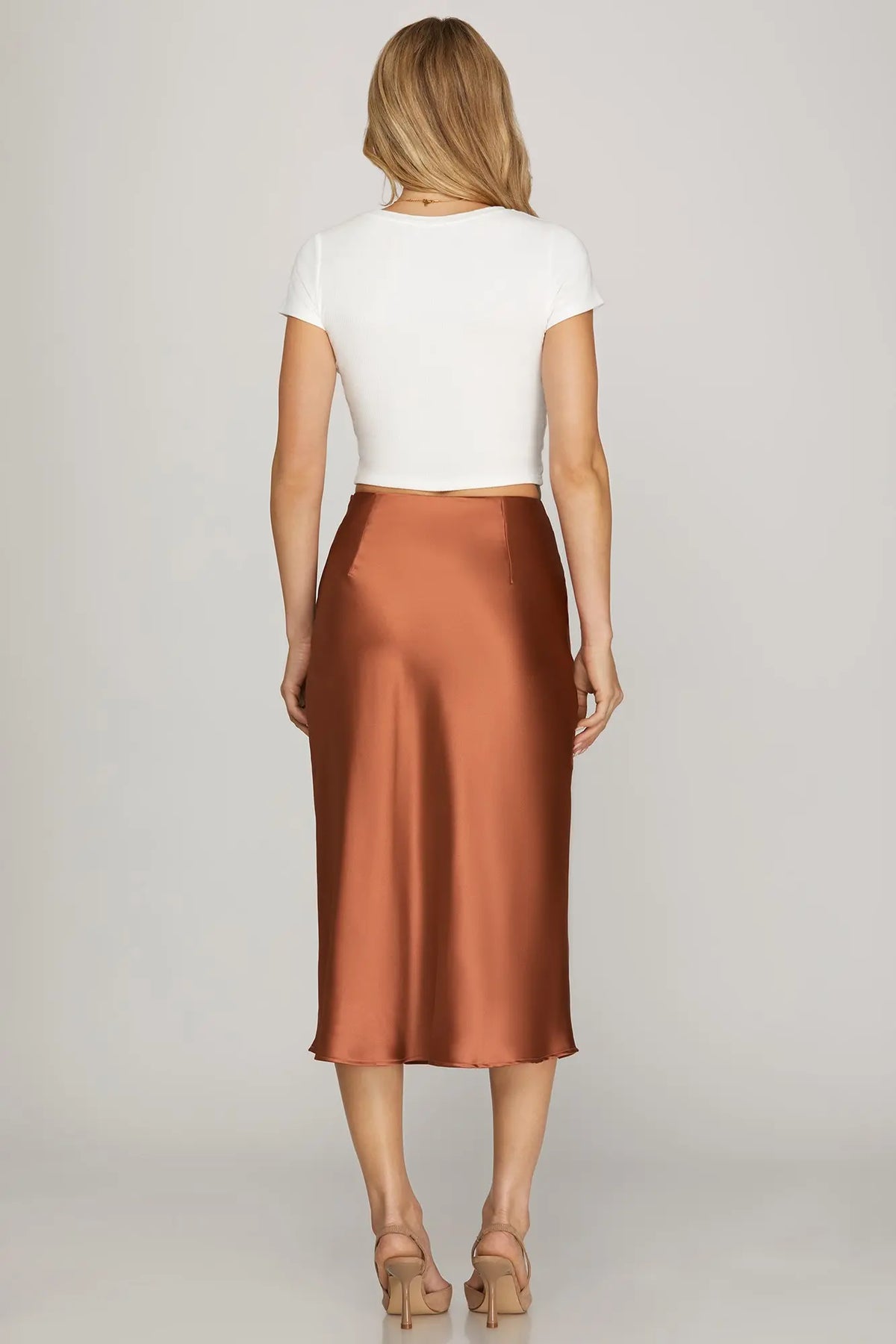 SHE AND SKY Women's Skirts Satin Bias Midi Skirt With Elastic Waistband