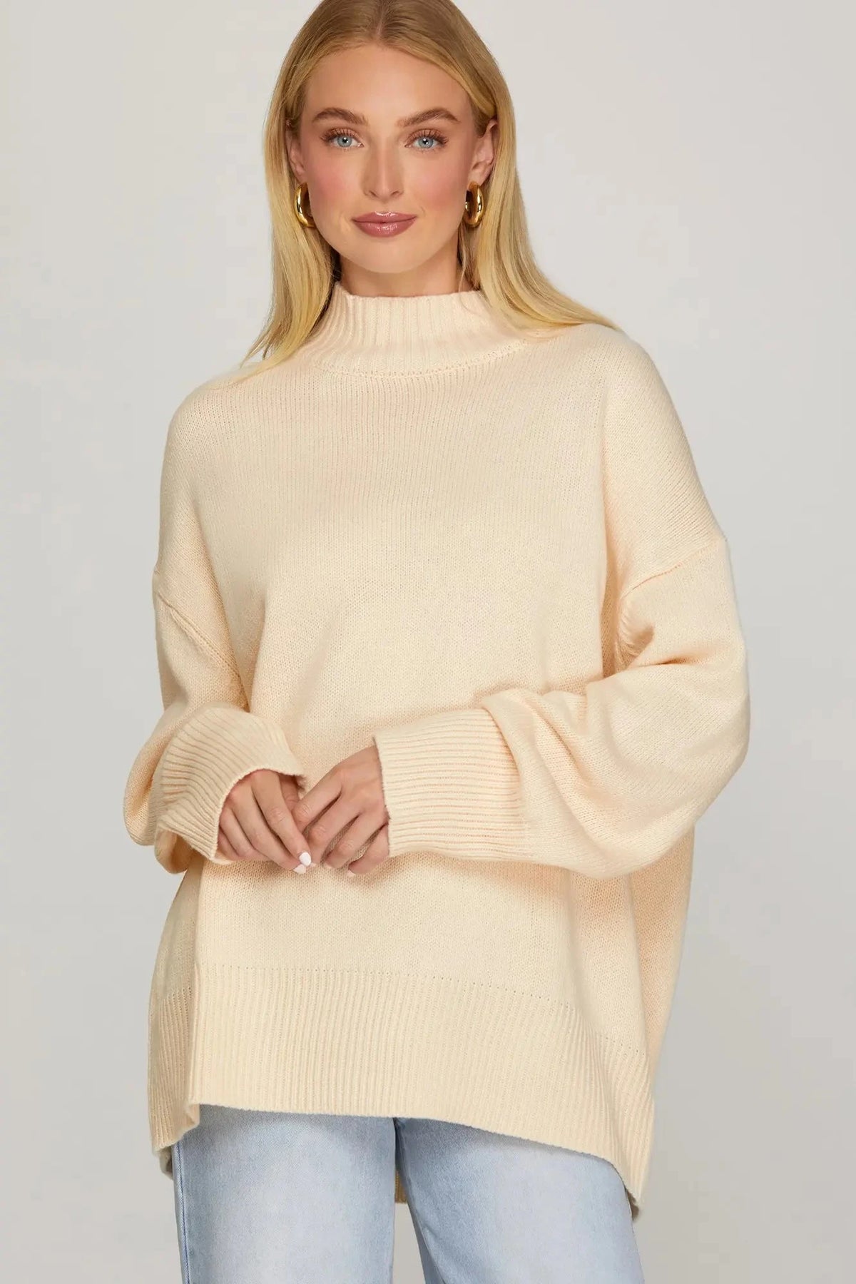 SHE AND SKY Women's Sweater CREAM / S Long Sleeve Mock Neck Sweater SY9452