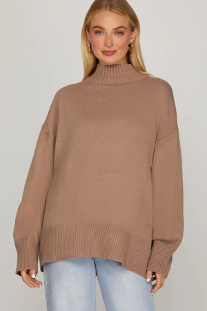 SHE AND SKY Women's Sweater MOCHA / S Long Sleeve Mock Neck Sweater SY9452