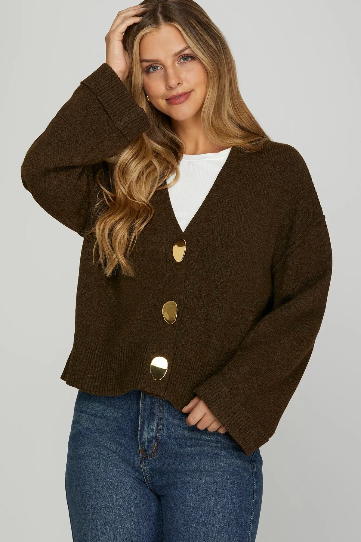 SHE AND SKY Women's Sweaters BROWN / S Long Sleeve Button Down Knit Sweater Cardigan SY9260