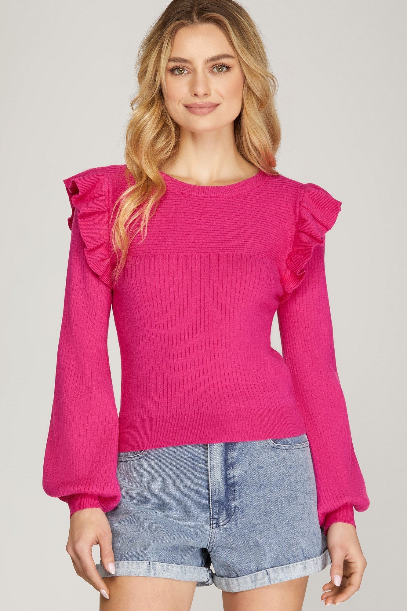 SHE AND SKY Women's Sweaters HOT PINK / S Long Ruffled Sleeve Sweater Top || David's Clothing SY5049