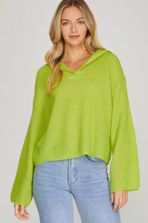 SHE AND SKY Women's Sweaters LIME / S Long Sleeve Collared Sweater Top || David's Clothing SY5367