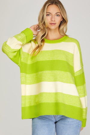 SHE AND SKY Women's Sweaters LIME / S Long Sleeve Striped Sweater Top || David's Clothing SY4361