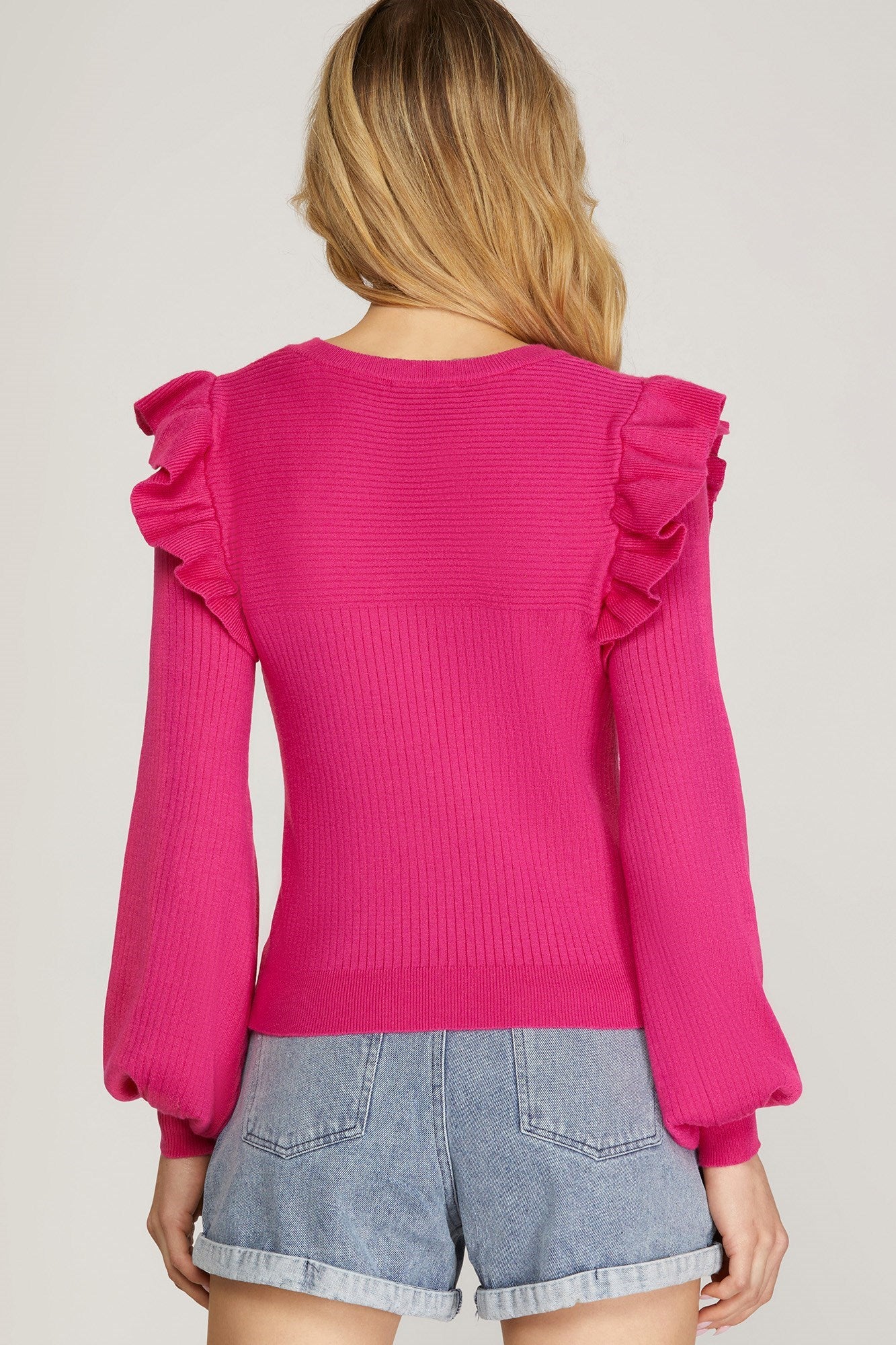 SHE AND SKY Women's Sweaters HOT PINK / S Long Ruffled Sleeve Sweater Top || David's Clothing SY5049