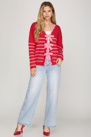 SHE AND SKY Women's Sweaters Long Sleeve Striped Bow Detail Reversible Sweater Cardigan