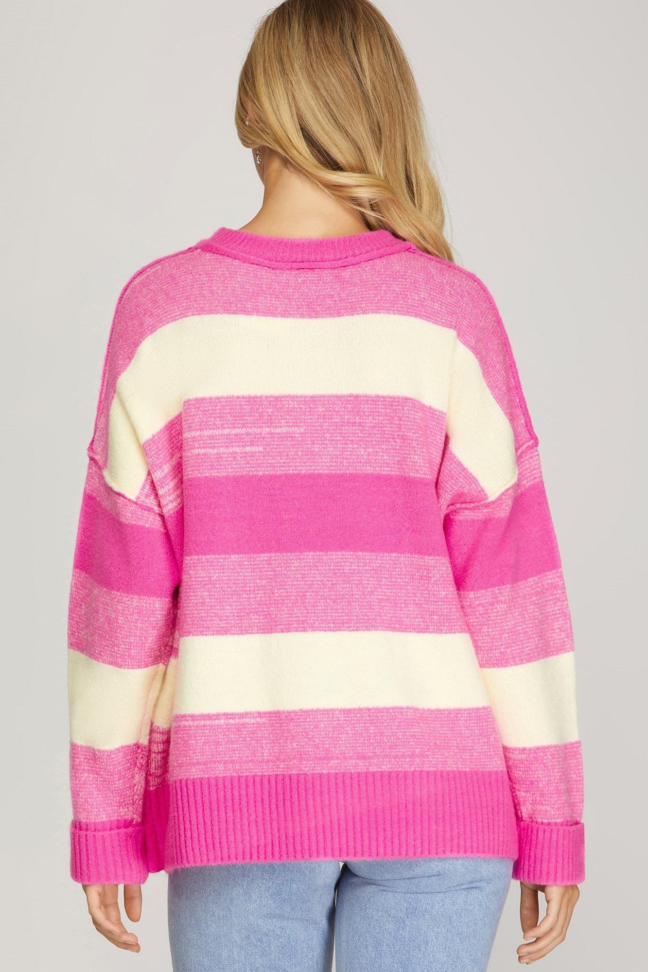 SHE AND SKY Women's Sweaters HOT PINK / S Long Sleeve Striped Sweater Top || David's Clothing SY4361