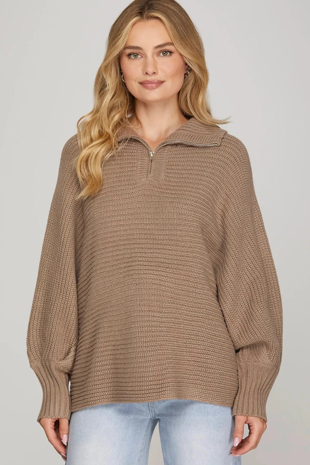 SHE AND SKY Women's Sweaters MOCHA / S Long Sleeve Half Zip Batwing Sweater SY9412