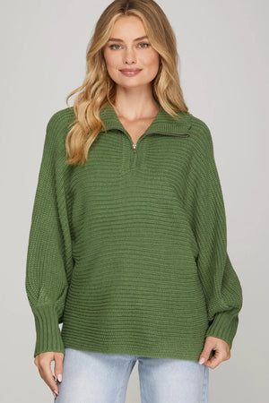 SHE AND SKY Women's Sweaters OLIVE / S Long Sleeve Half Zip Batwing Sweater SY9412