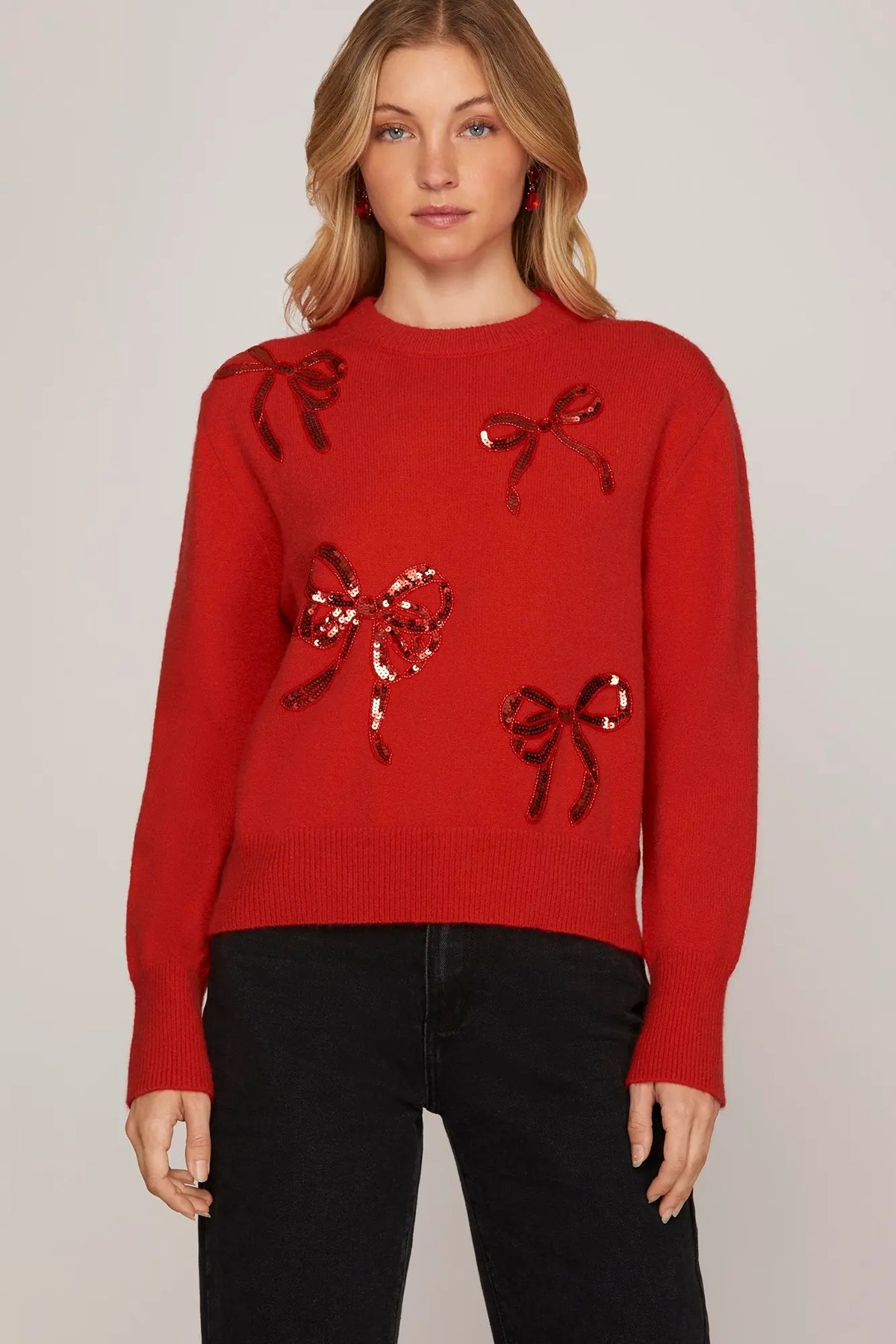 SHE AND SKY Women's Sweaters RED / S Long Sleeve Sequin Ribbon Sweater Top SY8012