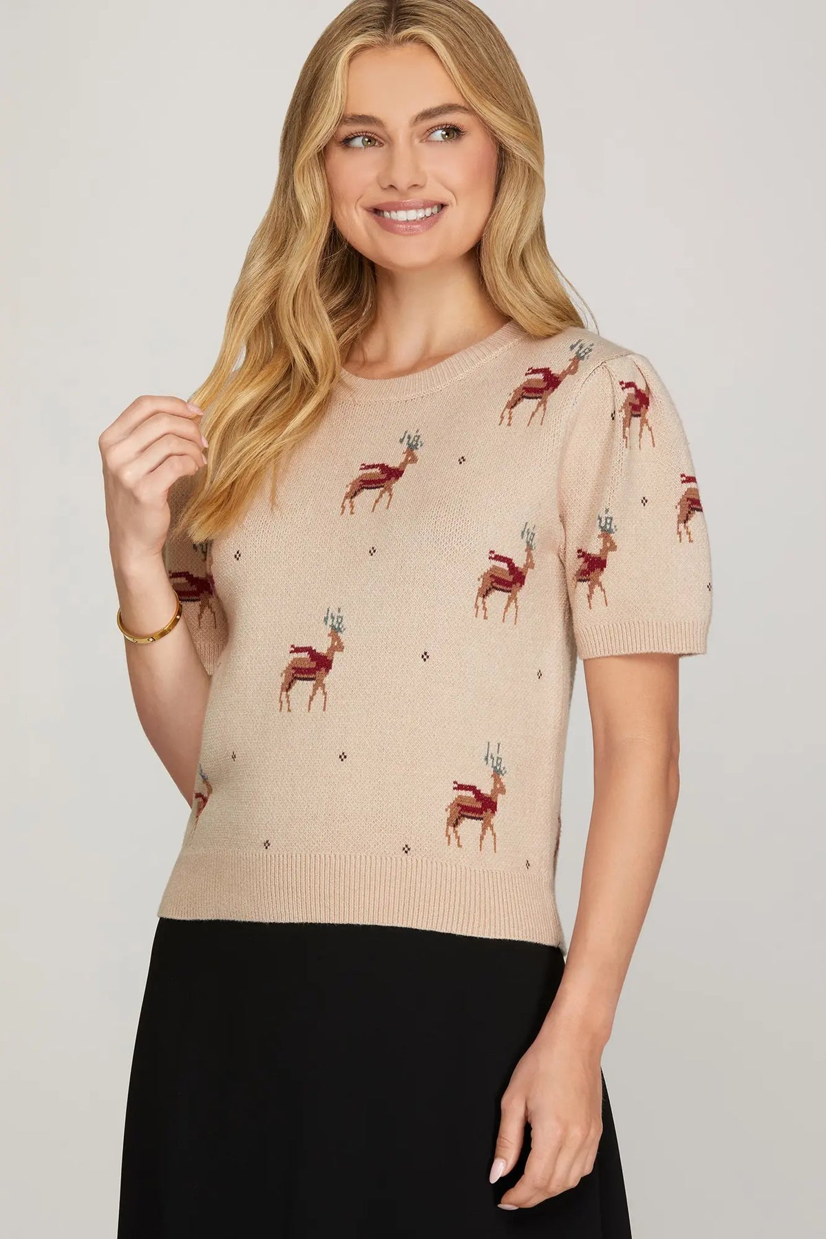 SHE AND SKY Women's Sweaters Short Puff Sleeve Reindeer Pattern Sweater Top