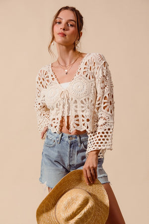 SO ME Women's Cardigans Floral Pattern Crochet Knit Tie Front Crop Cardigan